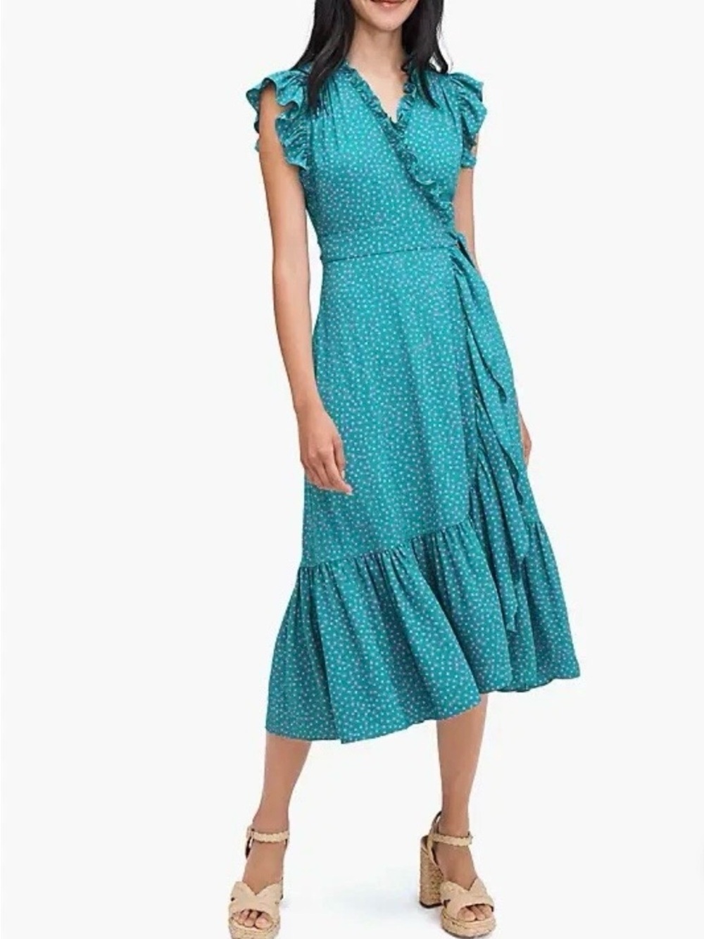 kate spade new york Green Pink Polka Dot Ruffle Wrap V-Neck Midi Dress 2